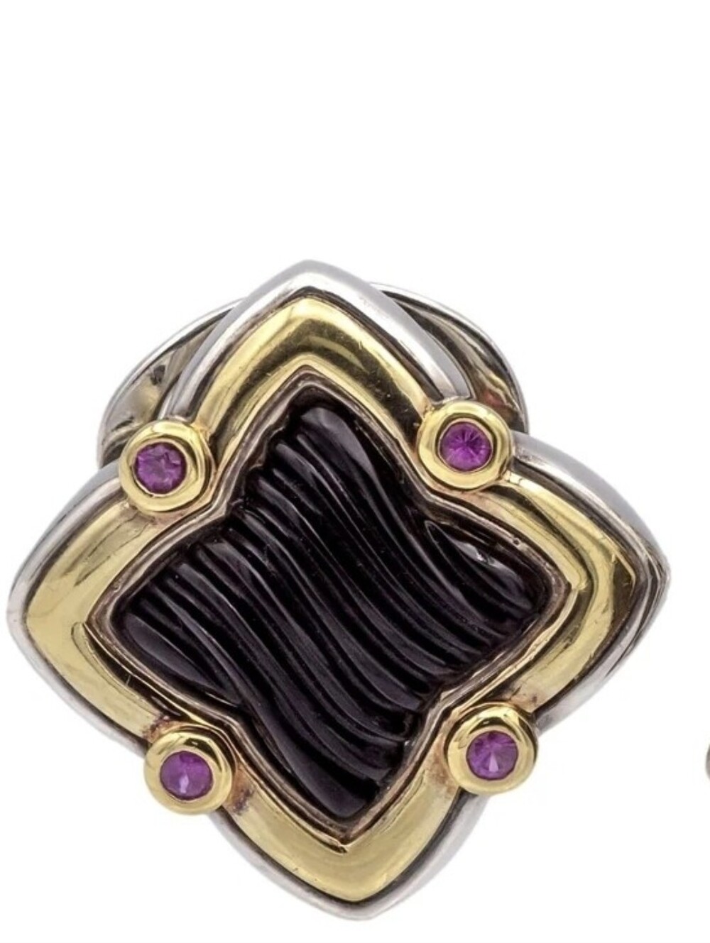 David Yurman Quatrefoil Silver 18K+Gold Carved Onyx & Pink Tourlamine 1 Earring